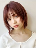 顔まわりレイヤ‐/ボブ/ピンクブラウン/似合わせカット/暖色銀座