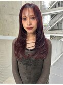 大人美人艶カラーレッドピンク小顔カット透明感レイヤーロング