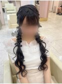 編み込みおさげ×髪の毛リボン
