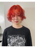 切りっぱなしボブブリーチパーマビビッドオレンジカラー