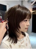 ハッシュカットレイヤーウルフブリーチなしオリーブブラウン