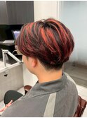 センターパート &nbsp;ニュアンスパーマ フェザーパーマ 赤メッシュ