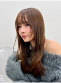 王道かわいいシースルーバングレイヤーハッシュカットグレージュ