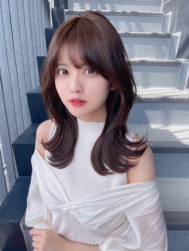 アム 表参道(am) 小顔薄めバンググレージュレイヤーロング前髪パーマ黒髪