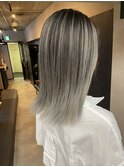 バレイヤージュ、ハイライト、レイヤーロング、グレーベージュ