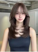 アッシュブラウン レイヤーカット シースルーバング