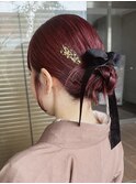 赤カラー ボルドーカラー 暖色 ボブアレンジ ヘアセット