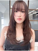 暖色カラー透明感夏カラーシースルーバングレイヤーカット