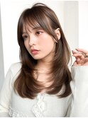 オリーブベージュ前髪カットロング顔周りレイヤー_F31392