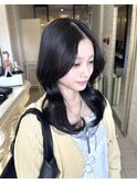 韓国風レイヤーカットセミロングブルーブラック10代20代30代
