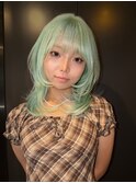 181. ダブルカラー/ミントグリーン/ブリーチ/前髪カット