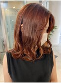 △小顔カット顔周りカット外ハネロブヘアオレンジブラウン