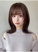 韓国風レイヤー/外ハネくびれ/ミディアムレイヤー/ぱっつん前髪