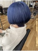 ネイビーブルー艶ボブ前下がりボブ甘辛MIXボブグラマラスカール