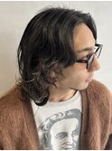 万代メンズボブセンターパート波巻きスパイラルパーマウルフ30代