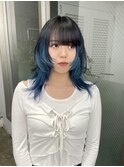 くびれウルフカットレイヤーカットインナーインディゴブルーカラ