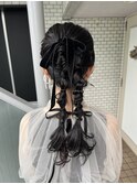 ツインポニー　編みおろし　ポニーテール　ベロアリボン