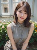 ◎前髪パーマ レイヤーロング 黒髪 グレーベージュ 小顔