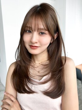 顔周りレイヤーロング小顔オリーブベージュ前髪カット_F1065