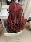 編み込みカチューシャのリボンハーフツイン