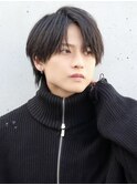コンマバングメンズウルフ黒髪センターパートショート