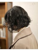 ボブパーマ　ダークオリーブアッシュ　パーマボブ　暗髪カラー