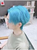 水色ブルーカラーツーブロックマッシュ ロングウルフカット