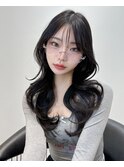 黒髪レイヤーロング韓国ヘアネビージュワンレンヨシンモリ
