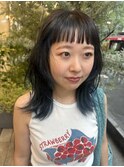 顔周りブルーインナーカラー＊レイヤーウルフ
