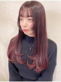 顔まわりレイヤーカット/ワインレッド/ロング