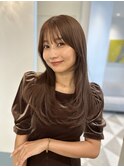 くびレイヤー薄めバンググレージュカラーピンクベー ジュパーマ