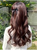 ハーフアップツイン　ベロアリボン　巻き髪　イベントヘア