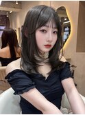 韓国　レイヤーカット　オリーブベージュ　顔まわりカット