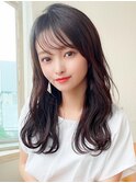 シャギーレイヤーロング韓国ワンホンヘアシースルーぱっつん前髪