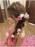 洋装 お花 飾り ラプンツェル 編みおろし ヘアアレンジ