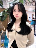 黒髪ロング　韓国ウェーブスタイル