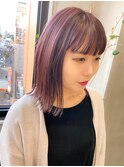 紫ピンクパープルボブ切りっぱなし外ハネブリーチ暖色系