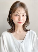美髪アプリコットオレンジミディアムレイヤーくびれヘアaa