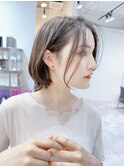 ブリーチなし透明感グレージュ大人ボブ/シースルーバング/前髪