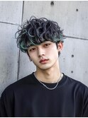 メンズハイライト緑２/ブリーチ/韓国マッシュ/ダークアッシュ