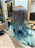 Feather 保土ヶ谷　グラデーション　ブリーチ　ターコイズブルー