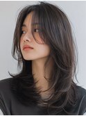 ミディアムレイヤー顔周りカットハッシュカットフレンチバング