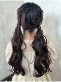 ツインアレンジ 編み込み リボン結び ウェーブヘア