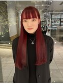 ぱっつんロング/レッドカラー/赤髪/ブリーチなし/高発色