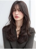 大人ダークブラウン顔周りレイヤー韓国風カーテンバング