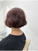 フレンチボブふんわりウェーブレッドブラウン白髪染め50代60代