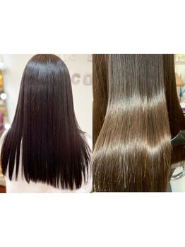 髪質に合わせた施術をご提案！熱ダメージを抑え、縮毛を繰り返した髪特有のパサつきを防ぐこだわり縮毛矯正