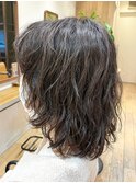 ミルクティーベージュダブルカラーケアミディアムボブパーマ