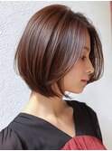 ミディアムボブ 丸みボブ 顔周りカット チェリーブラウン 透明感