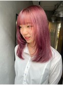 ピンクブラウン×顔周りレイヤー×ハイトーン